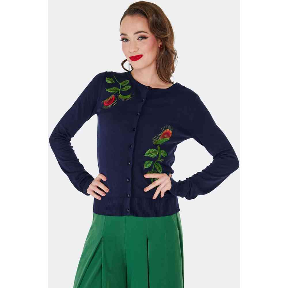 Voodoo Vixen - Venus Flytrap Embroidered Cardigan - Dark blue